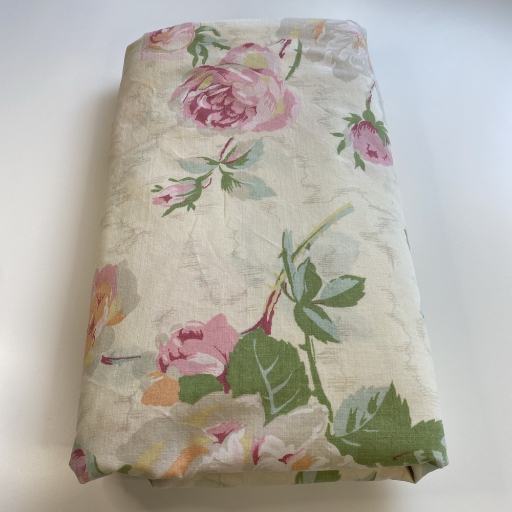 Vintage King Flat Sheet Cream Pink Floral Roses Cottagecore Shabby Chic